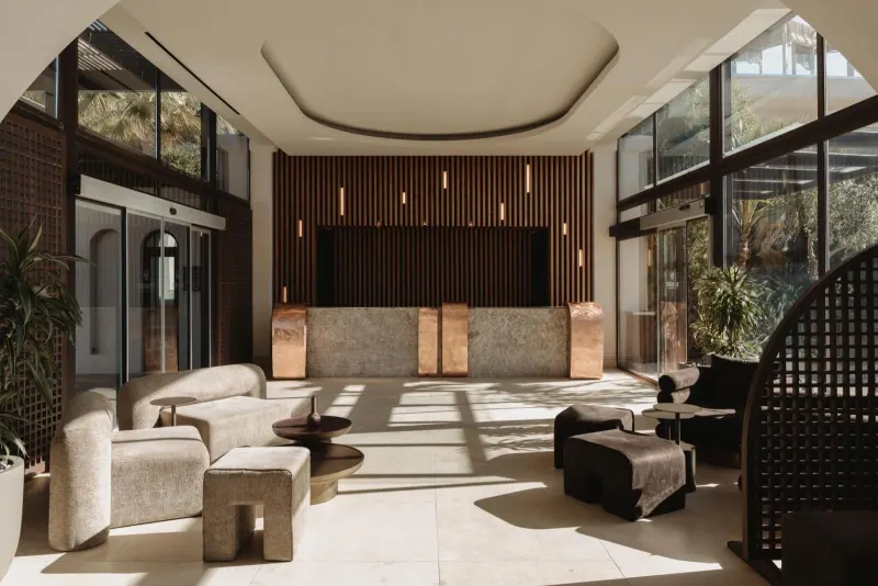 Modern hotel lobby with wooden accents