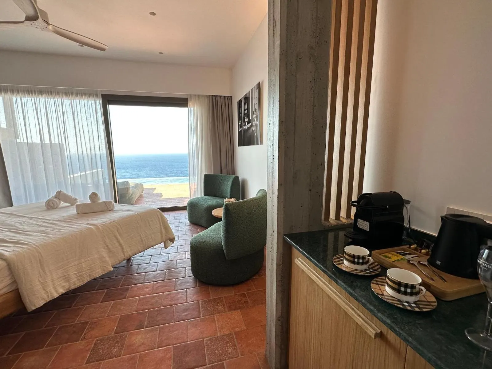 Bedroom and kitchenette with ocean view