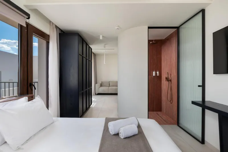 Bedroom with glass shower and lounge area