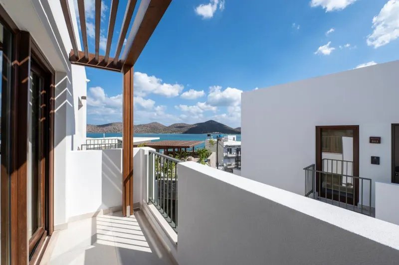 Balcony view of coastal mountains and sea