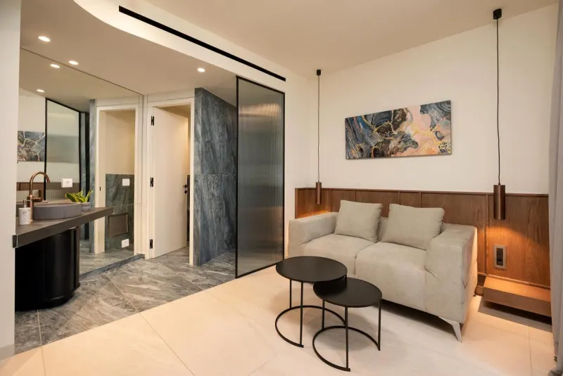 Lounge area with sofa and marble accents