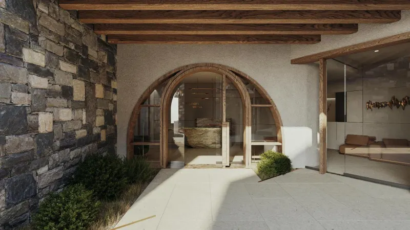 Arched wooden entrance corridor to spa
