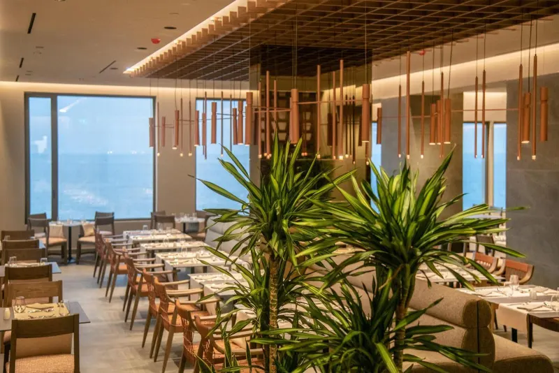Modern restaurant interior with hanging lights and plants