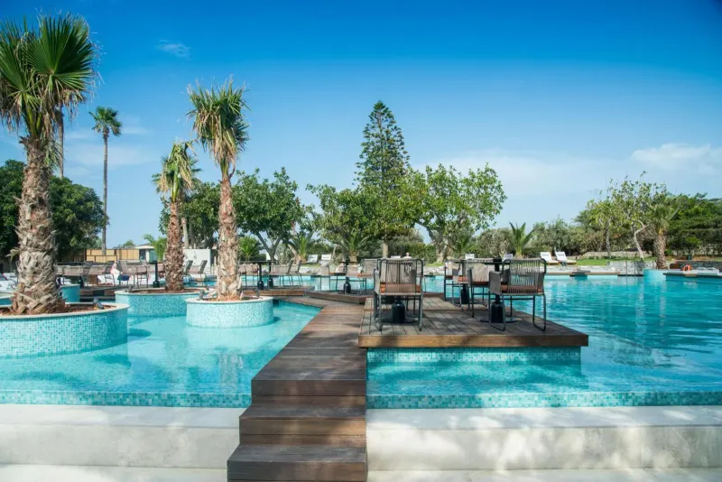 Resort pool with wooden walkway and palm trees