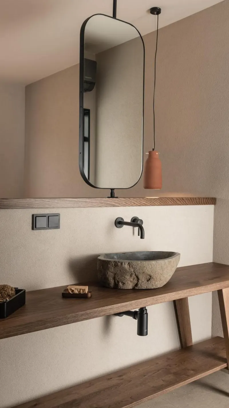 Bathroom vanity with stone sink and mirror