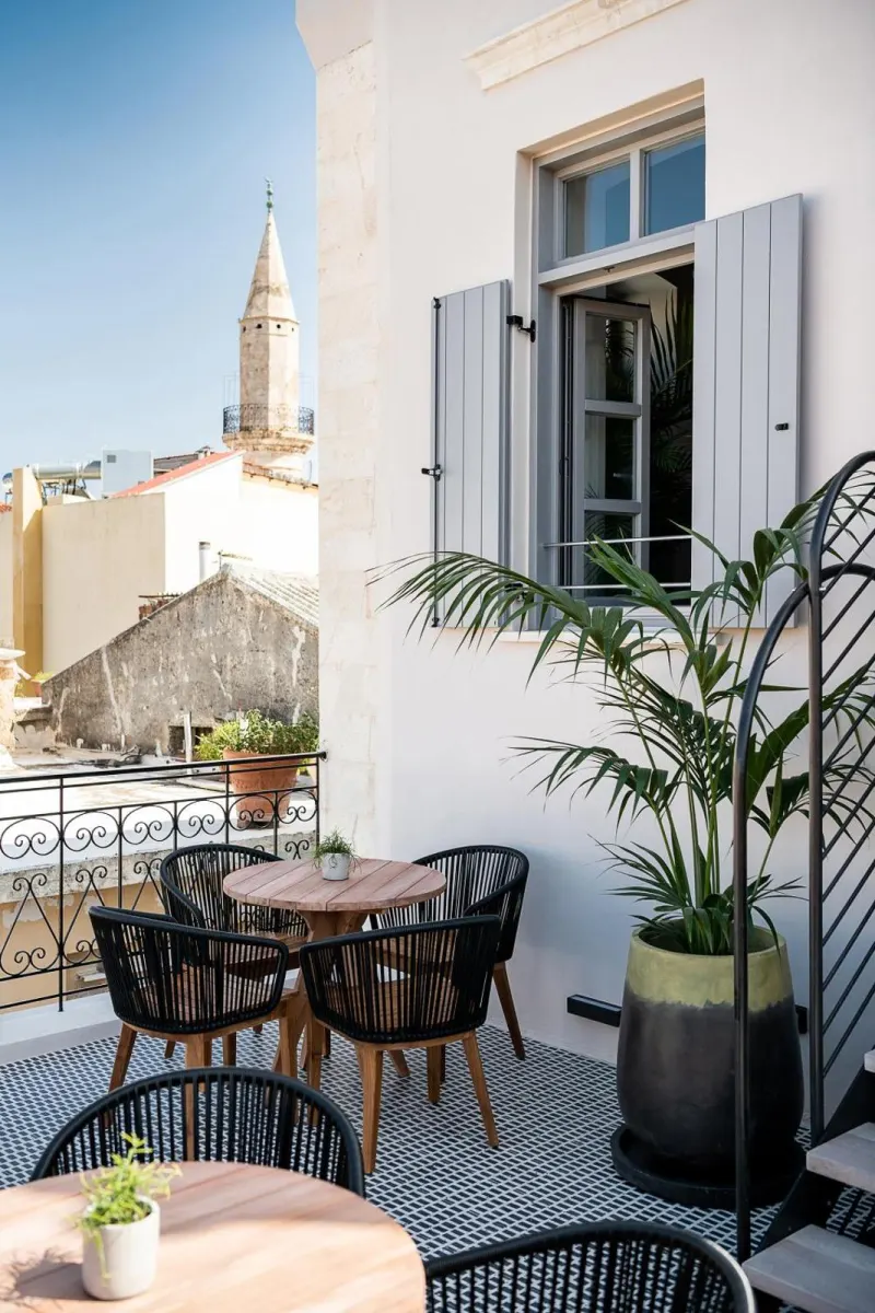 Balcony terrace overlooking old town tower