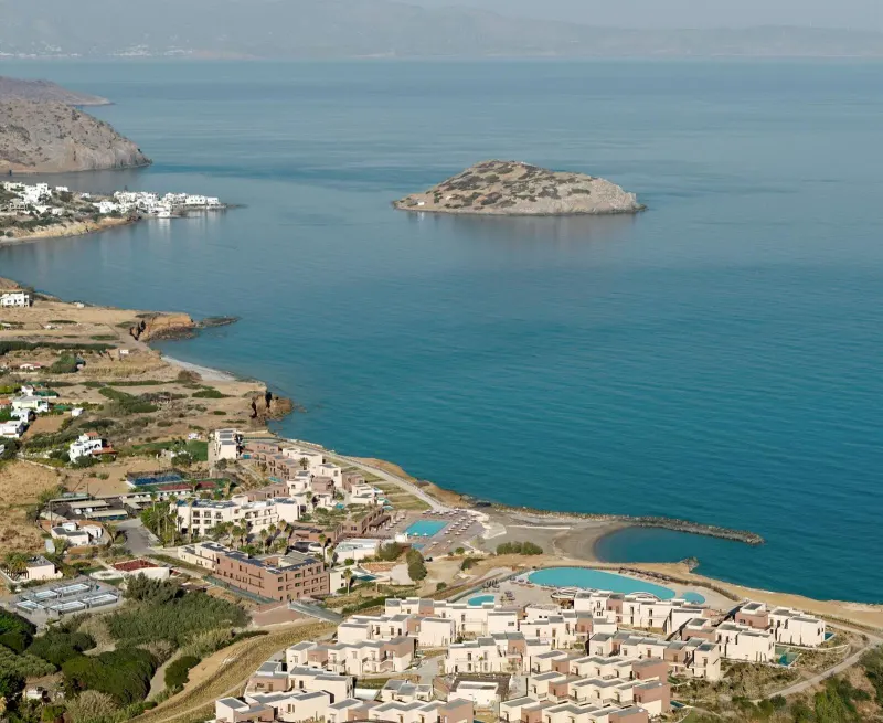 Aerial coastal view of resort and small island