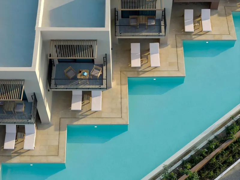 Overhead view of pool and balconies