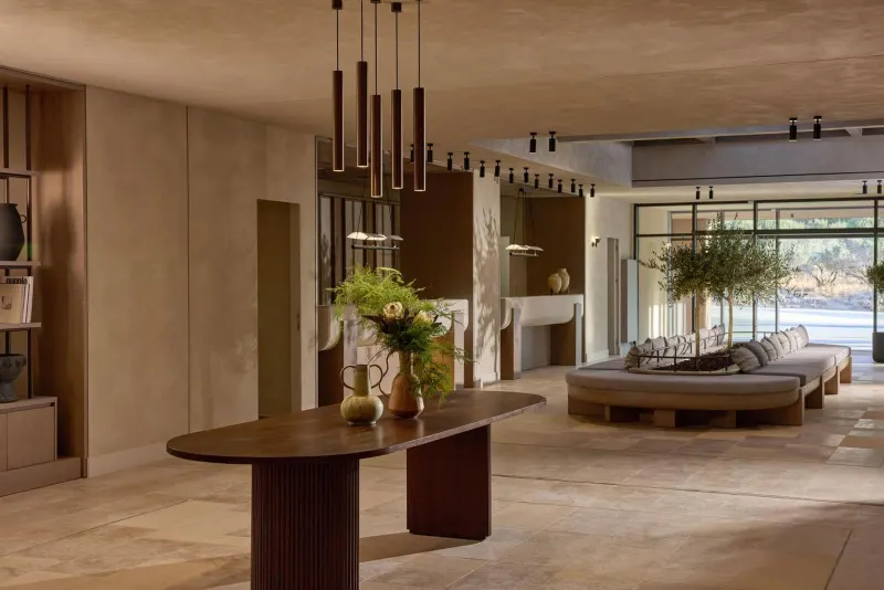 Modern hotel lobby with warm wood tones