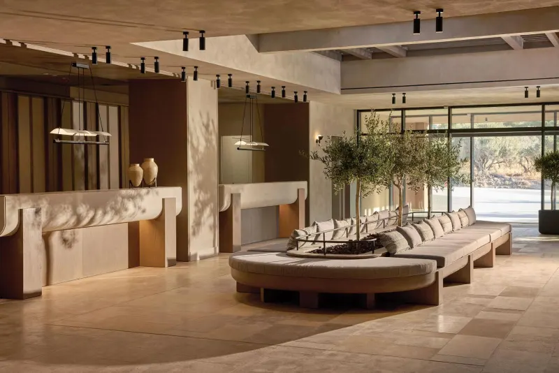 Spacious lobby lounge with curved seating