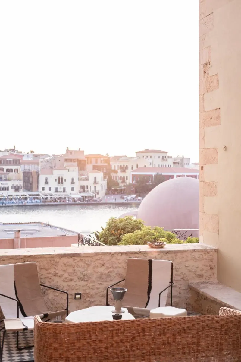 Terrace seating with harbor and dome view