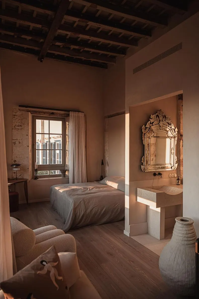 Bedroom with exposed wood beam ceiling