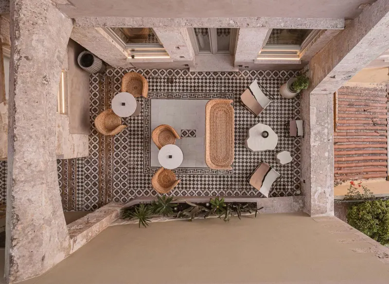 Aerial view of tiled courtyard seating area