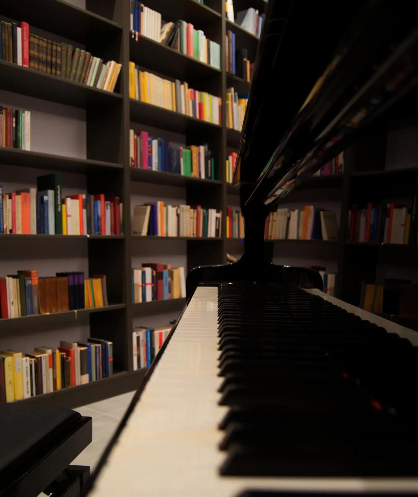 Piano keys facing bookshelves in library