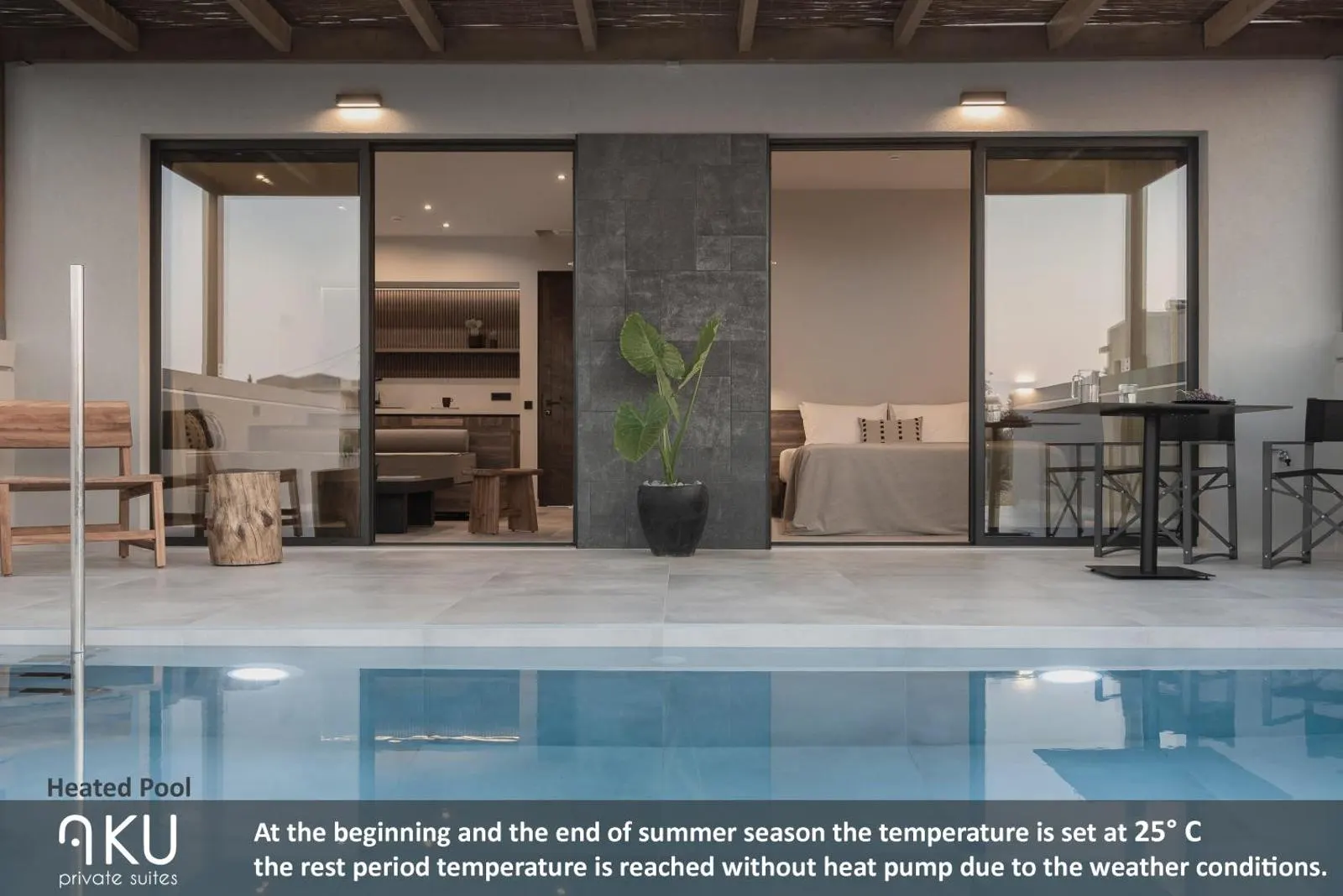Poolside view into open suite with heated pool
