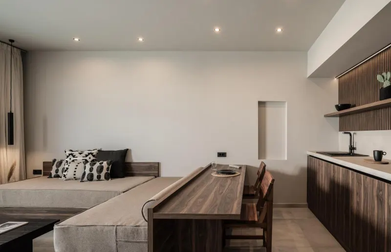 Open living space with kitchen and dining table