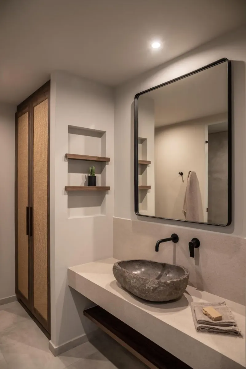 Modern bathroom with stone sink and mirror