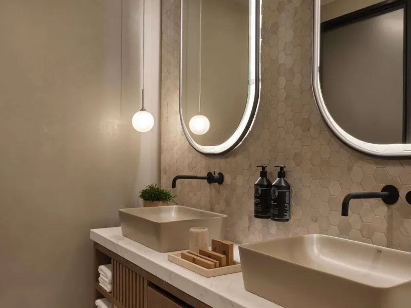 His and hers bathroom sinks with pendant lighting