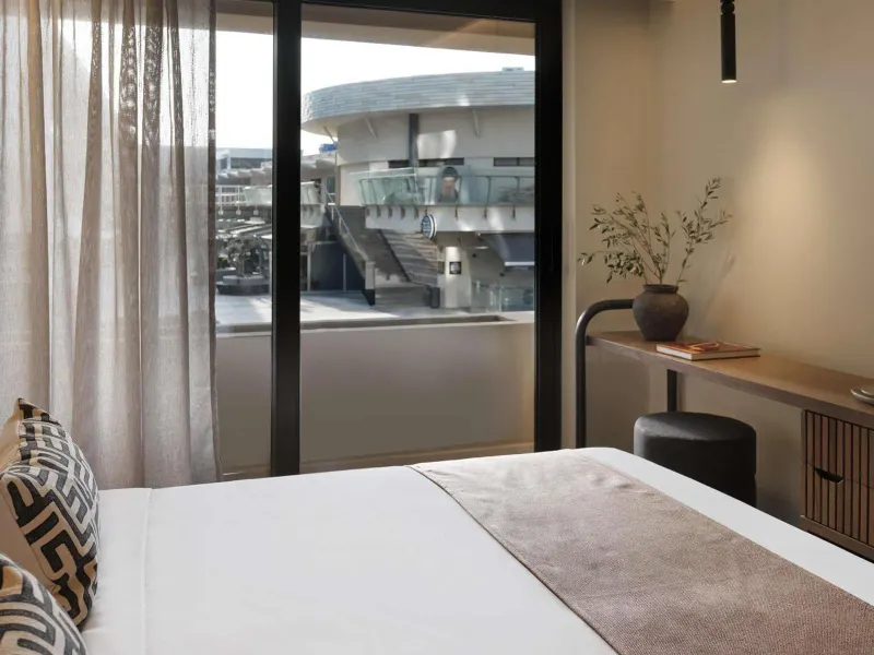 Bedroom balcony view of stadium architecture