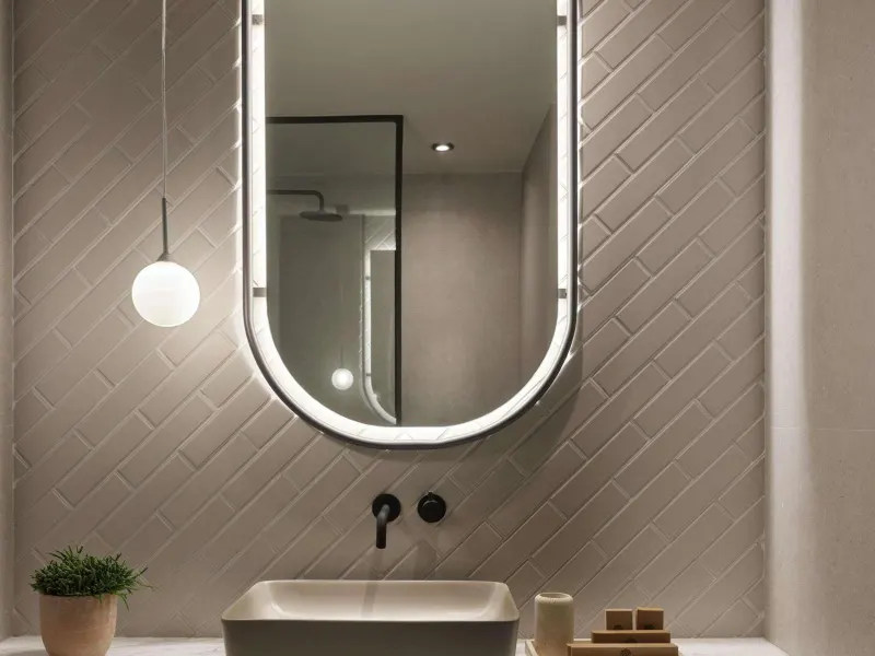 Bathroom vanity with oval mirror and tiled wall