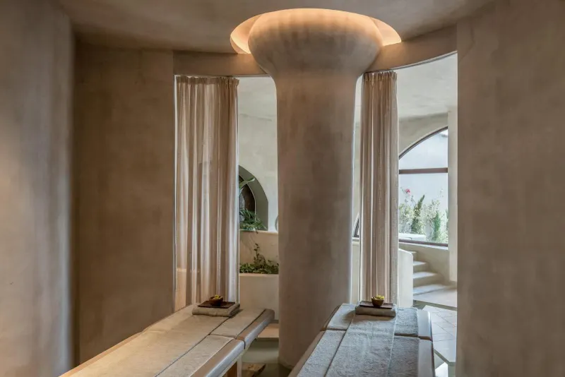 Sculptural stone columns in spa relaxation area