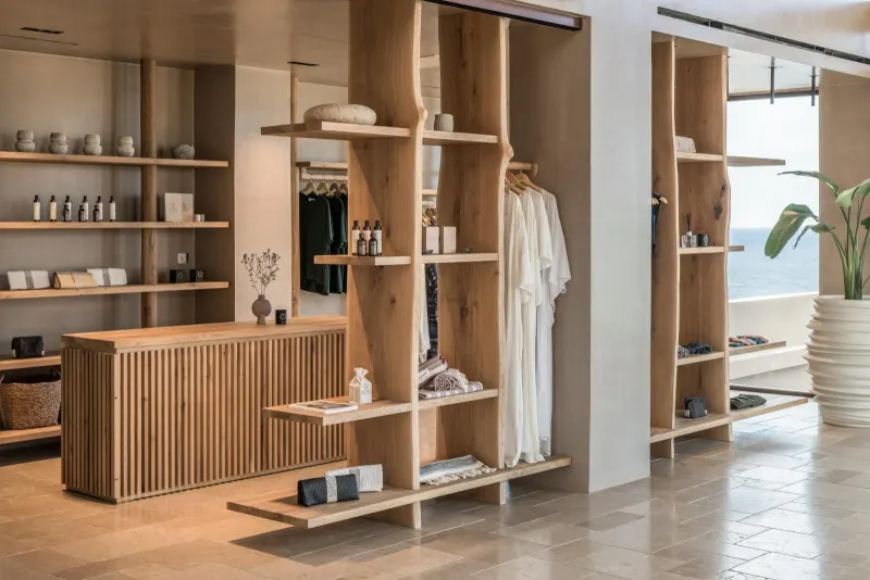 Wooden boutique shelves displaying robes and toiletries
