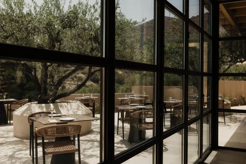 Restaurant terrace view through large glass windows