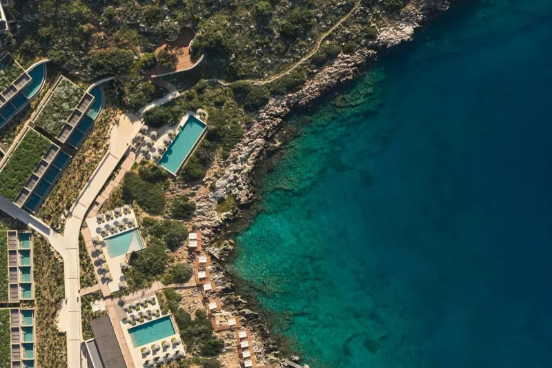 Aerial view of pools along rocky coastline